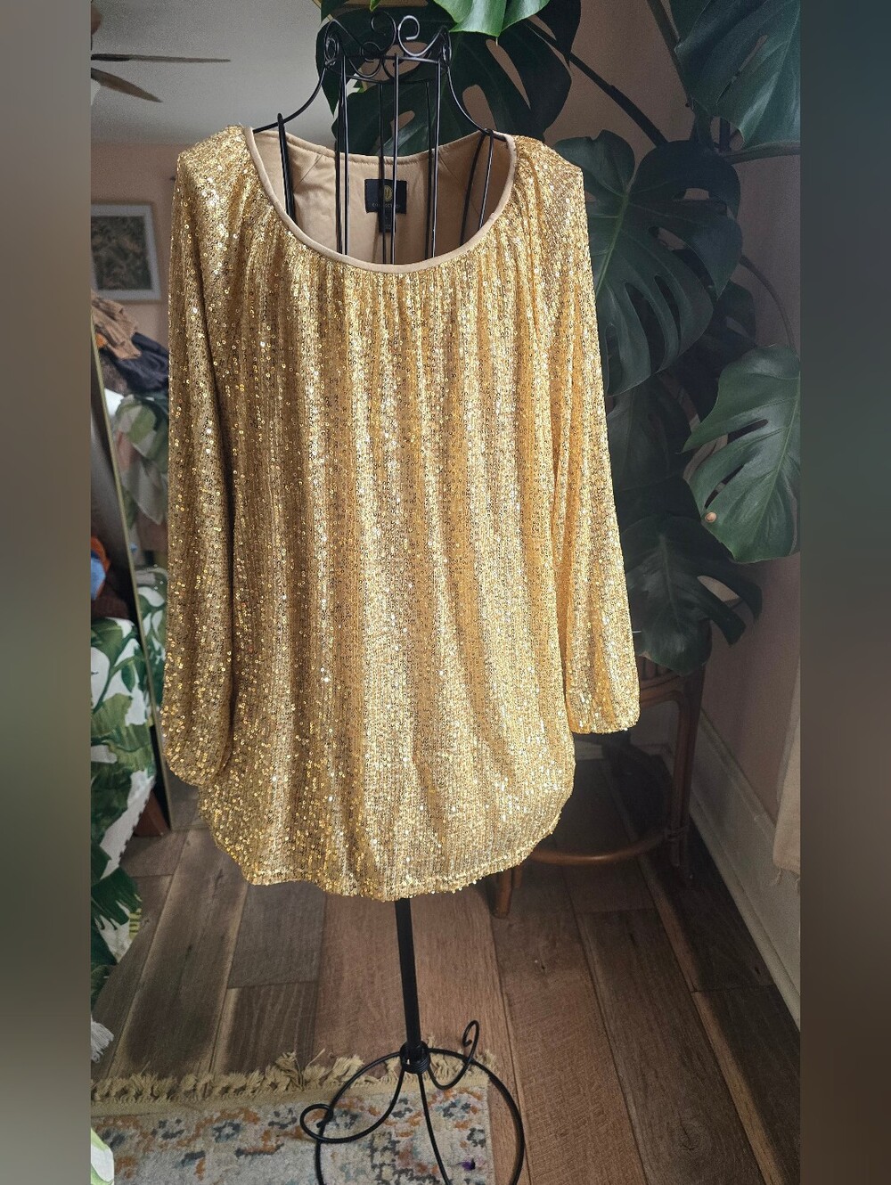 JM Collection Metallic Gold Sequin Scoop Neck Blouson Sleeve Top L
